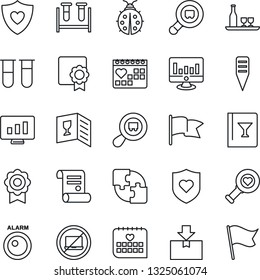 Thin Line Icon Set - no laptop vector, statistic monitor, contract, lady bug, plant label, blood test vial, heart diagnostic, shield, medical calendar, package, search cargo, application, alcohol
