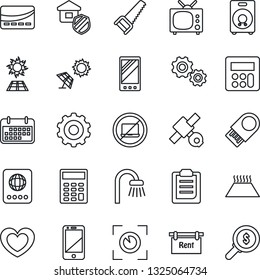 Thin Line Icon Set - no laptop vector, passport, gear, saw, heart, satellite, term, cell phone, speaker, mobile, calculator, clipboard, rent, bathroom, tv, estate insurance, credit card, warm floor