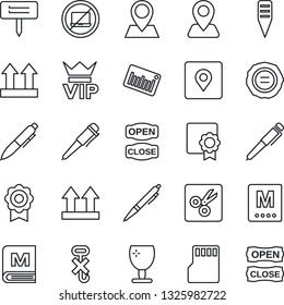 Thin Line Icon Set - no laptop vector, vip, pen, stamp, plant label, navigation, pin, fragile, up side sign, hook, barcode, sd, cut, place tag, sertificate, menu, open close