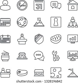 Thin Line Icon Set - no smoking vector, female, reception, hierarchy, manager place, statistic monitor, house, patient, term, shield, network, dialog, calendar, root setup, copier, cafe building