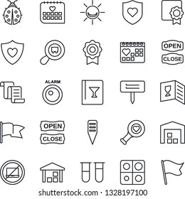 Thin Line Icon Set - no laptop vector, contract, lady bug, plant label, blood test vial, heart diagnostic, shield, medical calendar, warehouse, search cargo, application, sertificate, wine card
