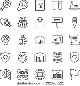 Thin Line Icon Set - no laptop vector, statistic monitor, contract, lady bug, plant label, blood test vial, heart diagnostic, shield, medical calendar, warehouse, package, search cargo, sertificate
