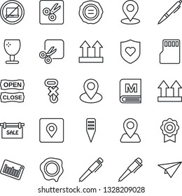 Thin Line Icon Set - no laptop vector, pen, stamp, plant label, heart shield, navigation, pin, fragile, up side sign, hook, barcode, sd, cut, place tag, sertificate, sale, menu, open close