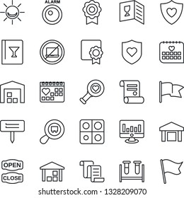 Thin Line Icon Set - no laptop vector, contract, statistic monitor, plant label, blood test vial, heart diagnostic, shield, medical calendar, warehouse, search cargo, application, sertificate, flag