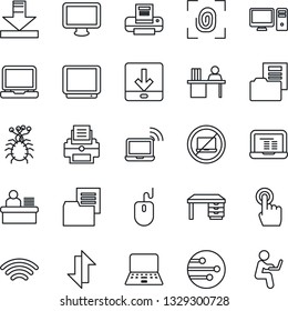 Thin Line Icon Set - no laptop vector, wireless notebook, mouse, desk, pc, virus, folder document, tv, touch screen, monitor, network, data exchange, download, manager, printer, fingerprint