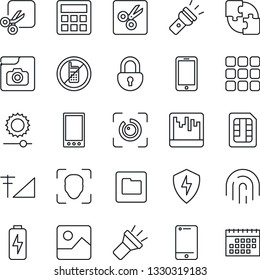 Thin Line Icon Set - no mobile vector, phone, cell, menu, gallery, protect, calculator, scanner, sim, folder, torch, brightness, cut, lock, face id, eye, fingerprint, photo, cellular signal, charge