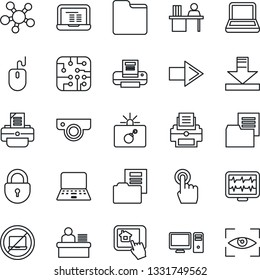 Thin Line Icon Set - no laptop vector, bomb in case, right arrow, lock, mouse, notebook pc, printer, monitor pulse, folder document, touch screen, share, download, manager desk, chip, web camera