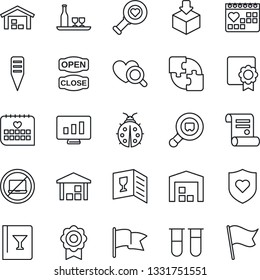 Thin Line Icon Set - no laptop vector, statistic monitor, contract, lady bug, plant label, blood test vial, heart diagnostic, shield, medical calendar, warehouse, package, search cargo, application