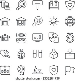 Thin Line Icon Set - no laptop vector, contract, statistic monitor, lady bug, plant label, blood test vial, heart diagnostic, shield, medical calendar, warehouse, package, search cargo, application