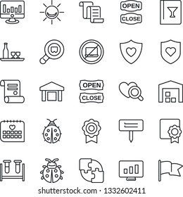 Thin Line Icon Set - no laptop vector, contract, statistic monitor, lady bug, plant label, blood test vial, heart diagnostic, shield, medical calendar, warehouse, search cargo, application, alcohol