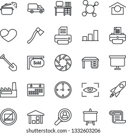 Thin Line Icon Set - no laptop vector, desk, presentation board, job, printer, axe, molecule, car delivery, warehouse storage, heart, mobile camera, calendar, clock, bar graph, sold signboard