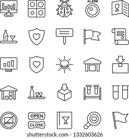Thin Line Icon Set - no laptop vector, statistic monitor, contract, lady bug, plant label, blood test vial, heart shield, warehouse, package, search cargo, application, alcohol, wine card, alarm led
