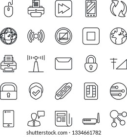 Thin Line Icon Set - no laptop vector, mobile phone, speaking man, mouse, printer, earth, shield, antenna, news, cell, stop button, fast forward, update, sim, network, lock, cellular signal, mail