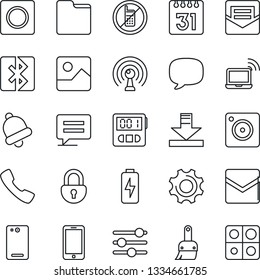 Thin Line Icon Set - no mobile vector, wireless notebook, phone, antenna, back, call, message, camera, gallery, settings, tuning, themes, stopwatch, bell, mail, record, folder, calendar, download