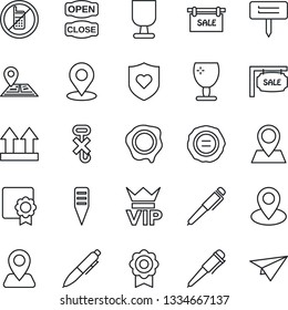 Thin Line Icon Set - no mobile vector, vip, pen, stamp, plant label, heart shield, navigation, pin, fragile, up side sign, hook, place tag, sertificate, sale, open close, paper plane