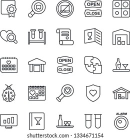 Thin Line Icon Set - no laptop vector, statistic monitor, contract, lady bug, blood test vial, heart diagnostic, shield, medical calendar, warehouse, search cargo, application, sertificate, alcohol