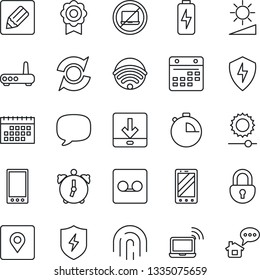 Thin Line Icon Set - no laptop vector, wireless notebook, mobile phone, message, protect, alarm, stopwatch, record, calendar, notes, download, brightness, place tag, lock, fingerprint id, charge