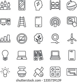 Thin Line Icon Set - no laptop vector, luggage storage, mobile phone, pedestal, calculator, office binder, notebook pc, brainstorm, bulb, ladder, tree, diet, satellite, sorting, cell, back, stamp