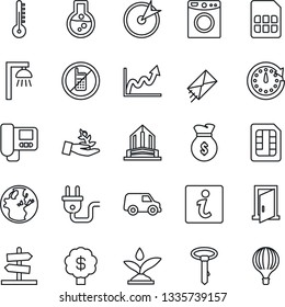 Thin Line Icon Set - no mobile vector, sim, power plug, irrigation, intercome, washer, thermometer, outdoor lamp, door, information, target, palm sproute, money bag, clock, earth, growth graph, car
