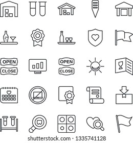 Thin Line Icon Set - no laptop vector, statistic monitor, contract, plant label, blood test vial, heart diagnostic, shield, medical calendar, warehouse, package, search cargo, application, alcohol