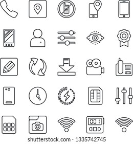 Thin Line Icon Set - no mobile vector, phone, tracking, radio, back, call, update, tuning, user, clock, stopwatch, sim, notes, download, wireless, place tag, eye id, video, photo gallery, charge