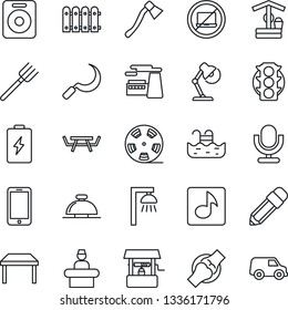 Thin Line Icon Set - no laptop vector, reception bell, mobile phone, factory, farm fork, well, sickle, axe, picnic table, joint, traffic light, reel, microphone, speaker, music, desk lamp, pencil