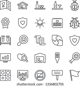 Thin Line Icon Set - no laptop vector, contract, statistic monitor, lady bug, plant label, blood test vial, heart diagnostic, shield, medical calendar, search cargo, application, sertificate, flag