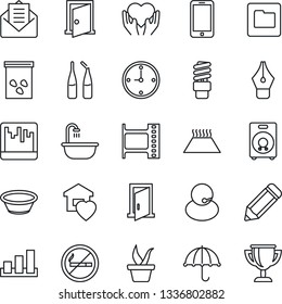 Thin Line Icon Set - no smoking vector, mobile phone, pencil, seedling, seeds, ampoule, heart hand, support, umbrella, sorting, film frame, speaker, mail, scanner, folder, clock, ink pen, bathroom