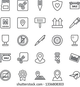Thin Line Icon Set - no mobile vector, laptop, pen, stamp, plant label, heart shield, navigation, pin, fragile, up side sign, hook, barcode, sd, cut, place tag, sertificate, sale, menu, paper plane