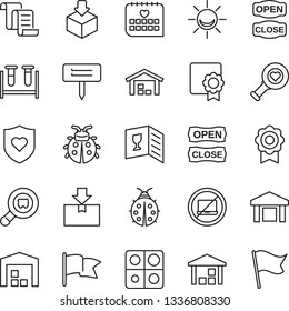 Thin Line Icon Set - no laptop vector, contract, lady bug, plant label, blood test vial, heart diagnostic, shield, medical calendar, warehouse, package, search cargo, application, sertificate, flag