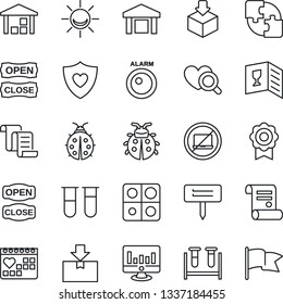 Thin Line Icon Set - no laptop vector, contract, statistic monitor, lady bug, plant label, blood test vial, heart diagnostic, shield, medical calendar, warehouse, package, application, sertificate