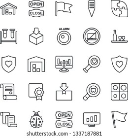 Thin Line Icon Set - no laptop vector, contract, statistic monitor, lady bug, plant label, blood test vial, heart diagnostic, shield, package, search cargo, application, sertificate, warehouse, flag