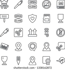 Thin Line Icon Set - no mobile vector, laptop, vip, pen, stamp, plant label, heart shield, navigation, pin, fragile, up side sign, hook, barcode, sd, cut, place tag, sertificate, menu, open close
