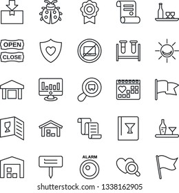 Thin Line Icon Set - no laptop vector, contract, statistic monitor, lady bug, plant label, blood test vial, heart diagnostic, shield, medical calendar, warehouse, package, search cargo, sertificate