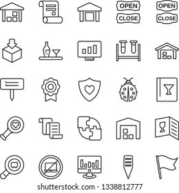 Thin Line Icon Set - no laptop vector, contract, statistic monitor, lady bug, plant label, blood test vial, heart diagnostic, shield, warehouse, package, search cargo, application, sertificate, flag