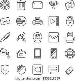 Thin Line Icon Set - no laptop vector, trash bin, lock, pen, printer, heart shield, antenna, satellite, rewind, mobile, message, mail, network, data exchange, video, house, wireless, home control