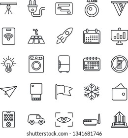 Thin Line Icon Set - no mobile vector, power plug, remote control, router, snowflake, washer, warm floor, eye scan, fridge, usb flash, pass card, alarm led, sprinkler, rocket, wallet, pennon, idea