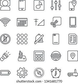 Thin Line Icon Set - no mobile vector, tracking, cell phone, radio, back, menu, settings, tuning, calculator, alarm, sim, wireless, torch, mute, cut, place tag, compass, face id, music, battery