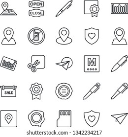 Thin Line Icon Set - no mobile vector, pen, stamp, heart shield, navigation, pin, barcode, sd, cut, place tag, sertificate, sale, menu, open close, paper plane