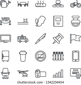 Thin Line Icon Set - no laptop vector, helicopter, mobile phone, drawing pin, watering can, ambulance car, bike, video camera, monitor, copybook, bar graph, stamp, pen, pool, bread, cafe table, flag