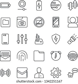 Thin Line Icon Set - No Laptop Vector, Radio Phone, Mobile, Back, Protect, Settings, Tuning, User, Alarm, Mail, Network, Folder, Data Exchange, Torch, Brightness, Face Id, Fingerprint, Photo Gallery