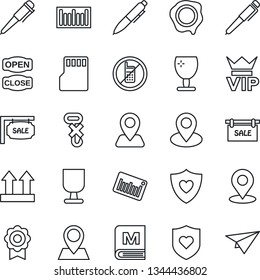 Thin Line Icon Set - no mobile vector, vip, pen, stamp, heart shield, navigation, pin, fragile, up side sign, hook, barcode, sd, place tag, sertificate, sale, menu, open close, paper plane