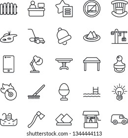 Thin Line Icon Set - no laptop vector, manager place, fence, rake, lawn mower, well, axe, flame disk, cell phone, favorites list, bell, desk lamp, stamp, pond, pool, children room, table, crane, car