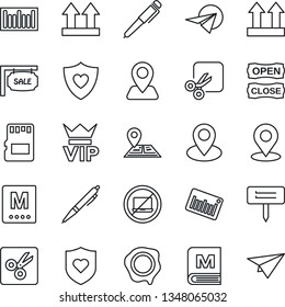 Thin Line Icon Set - no laptop vector, vip, stamp, plant label, heart shield, navigation, pin, up side sign, barcode, sd, cut, place tag, pen, sale, menu, open close, paper plane