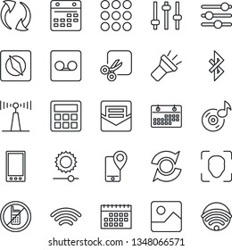 Thin Line Icon Set - no mobile vector, tracking, antenna, menu, update, gallery, tuning, calculator, mail, record, calendar, wireless, torch, brightness, cut, bluetooth, compass, face id, music