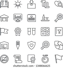 Thin Line Icon Set - no laptop vector, contract, statistic monitor, plant label, blood test vial, heart diagnostic, shield, medical calendar, warehouse, package, search cargo, application, alcohol