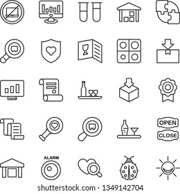 Thin Line Icon Set - no laptop vector, contract, statistic monitor, lady bug, blood test vial, heart diagnostic, shield, warehouse, package, search cargo, application, sertificate, alcohol