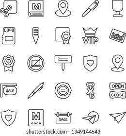 Thin Line Icon Set - no laptop vector, vip, stamp, plant label, heart shield, pin, fragile, hook, barcode, sd, cut, place tag, sertificate, pen, sale, menu, open close, paper plane