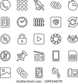 Thin Line Icon Set - no mobile vector, phone, fence, radio, chain, paper pin, play button, menu, camera, gallery, stopwatch, sim, mute, compass, fingerprint id, update, company, clock, lock
