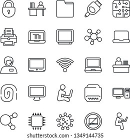 Thin Line Icon Set - no laptop vector, lock, notebook pc, virus, support, tv, monitor, share, hdmi, folder, wireless, manager desk, printer, chip, fingerprint, man with